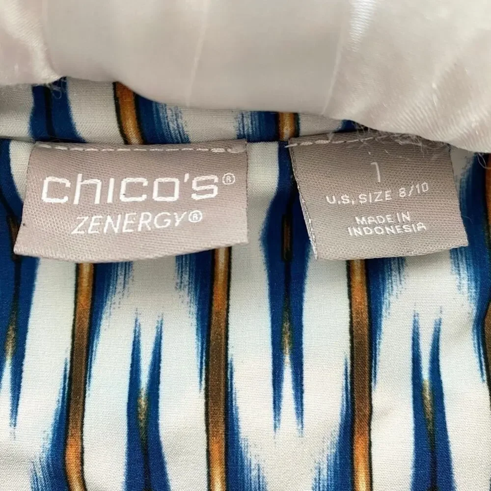 CHICO’S ZENERGY | Ikat Zip Up Jacket White Blue Geometric | Size 1 Medium - Picture 7 of 8